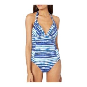 La Blanca BLUE Serene Stripe Tummy-Control Halter One Piece Swimsuit NWOT